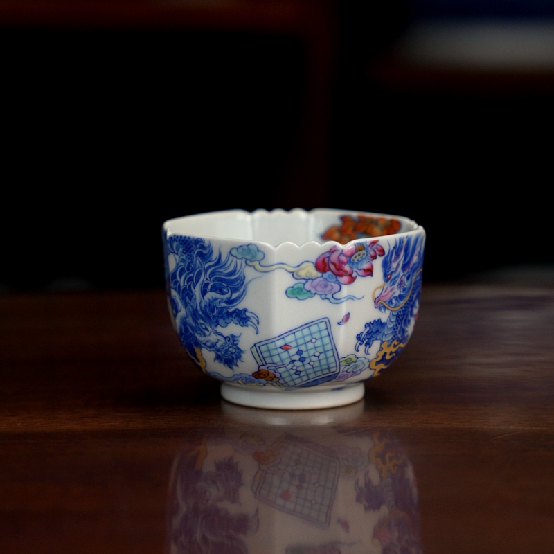 空山明月青花斗彩棋逢对手主人杯六方器型囚牛单杯景德镇陶瓷茶具