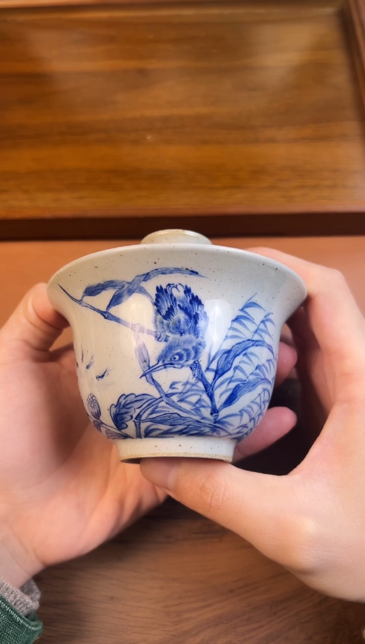 问青坊纯手工手绘陶泥单翠柴窑二才盖碗