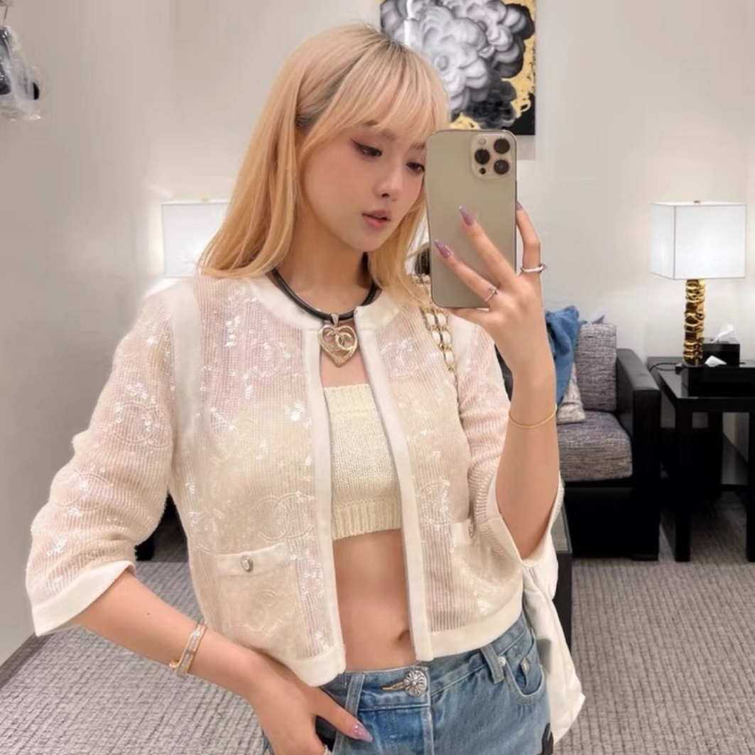 99新 Chanel/香奈儿 22S白色亮片刺绣双C短款外套/f40/编号0763