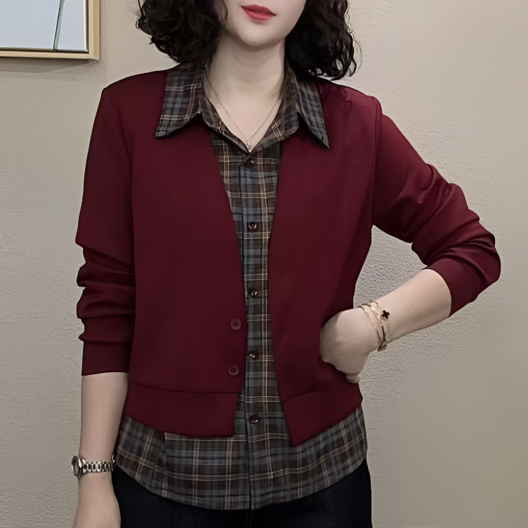 长袖单排多扣拼接秋季女常规衬衫短款女装上衣格子