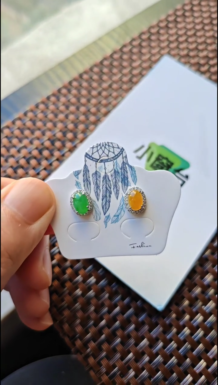 【闪购商品】翡翠耳饰银S925镶嵌翡翠耳饰S925银镶嵌