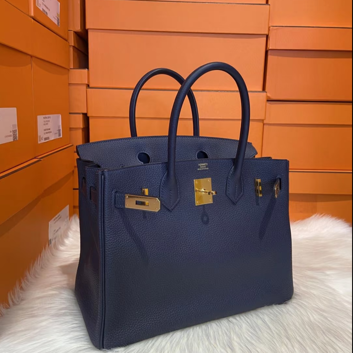 99新 Hermes/爱马仕 小花Jerry  birkin 30午夜lan T刻 togo皮 包