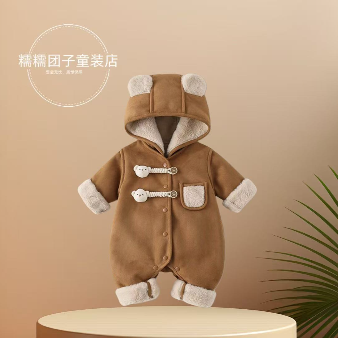 初生婴儿衣服冬季加绒棉衣宝宝加厚夹棉连体衣可爱超萌外穿爬爬服