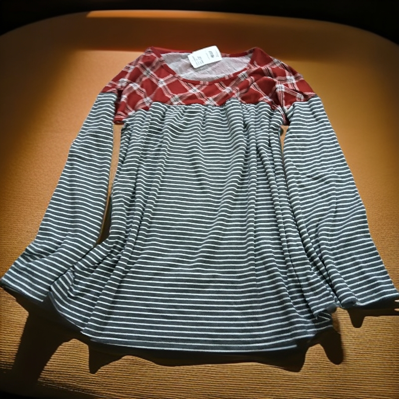 1602597红格拼接灰条七七家小衫