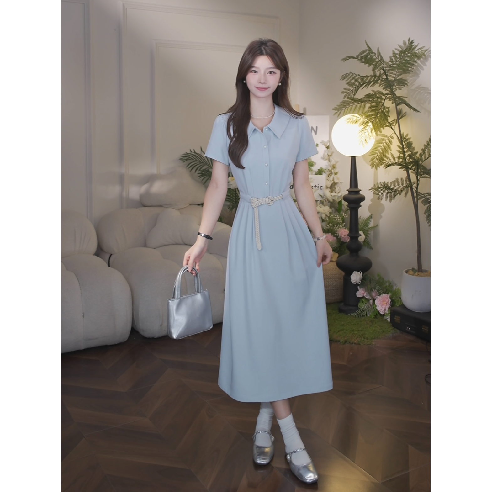 鹿向南【海岸星语】夏季新款韩系简约气质慵懒收腰显瘦连衣裙女