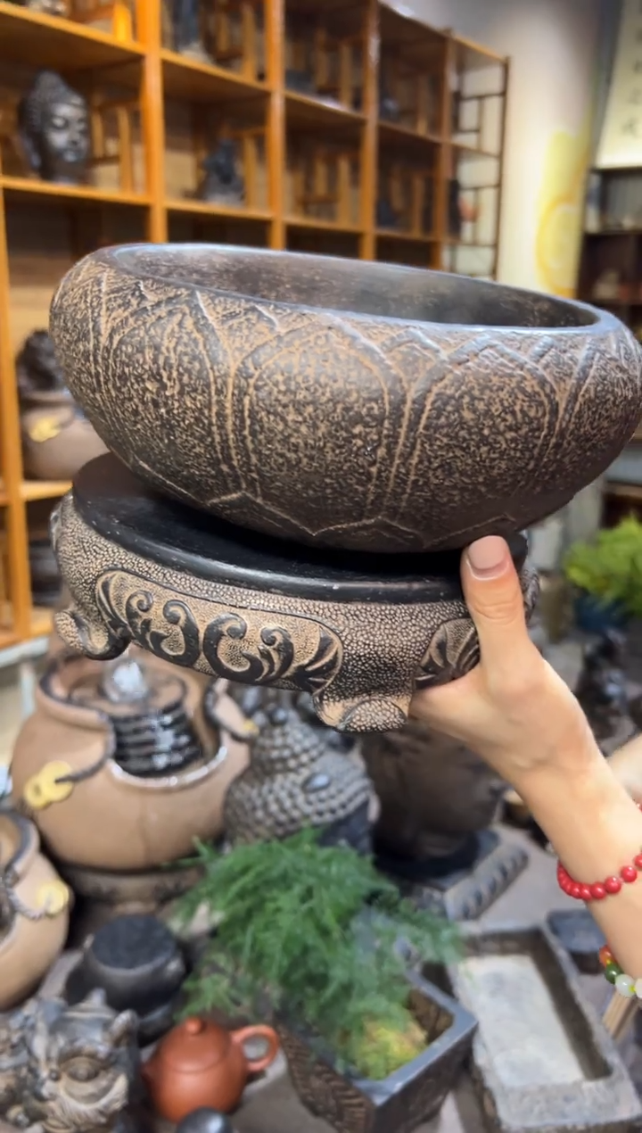 陶土【火山泥】，莲花钵+素面万寿藤圆小底座