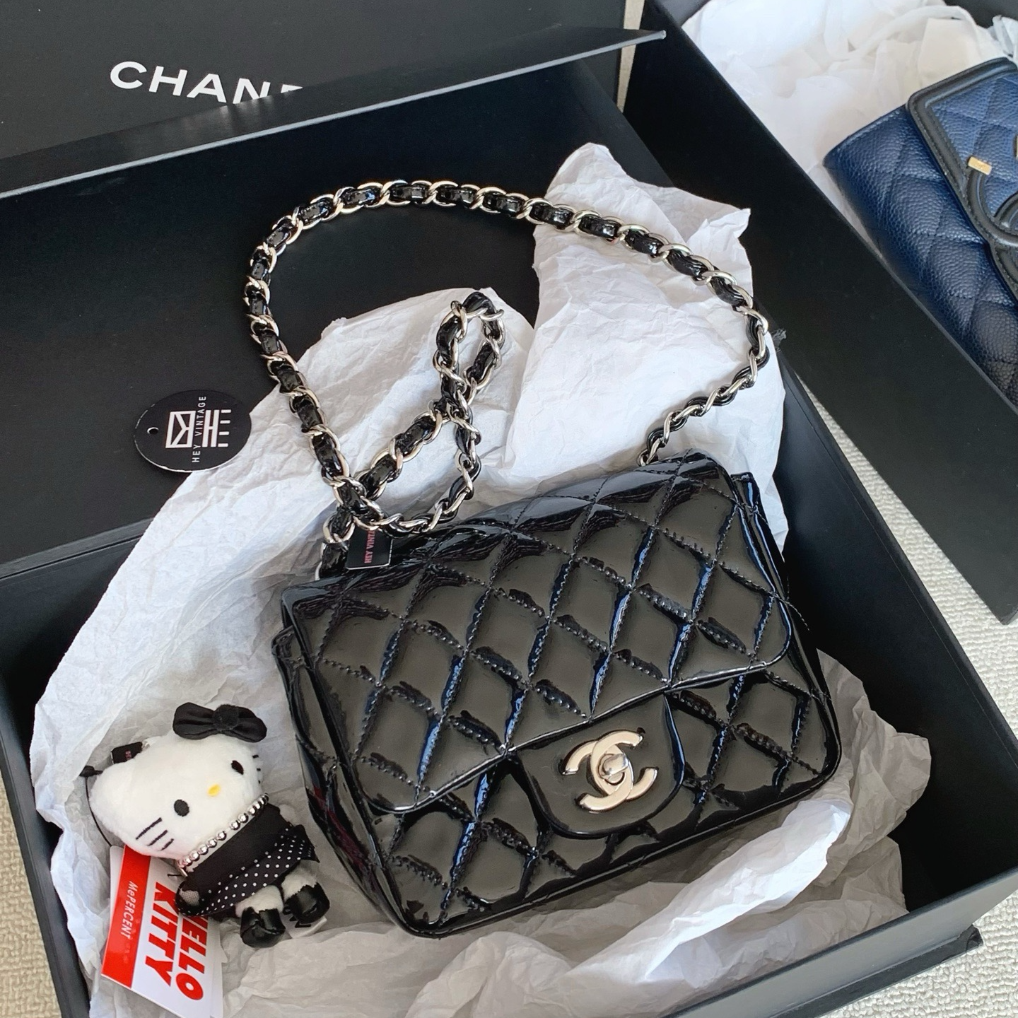 95新 Chanel/香奈儿 24期黑银漆皮方胖子包 18159415