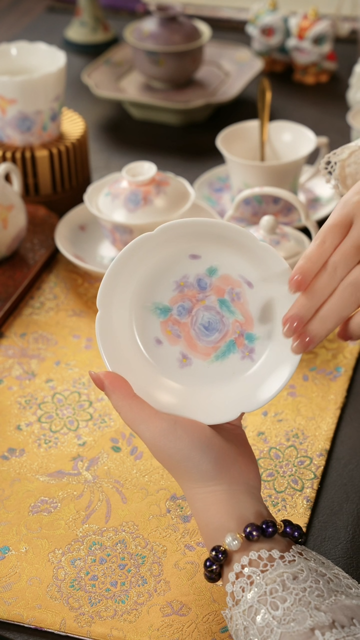 陶瓷茶具花影高足壶承