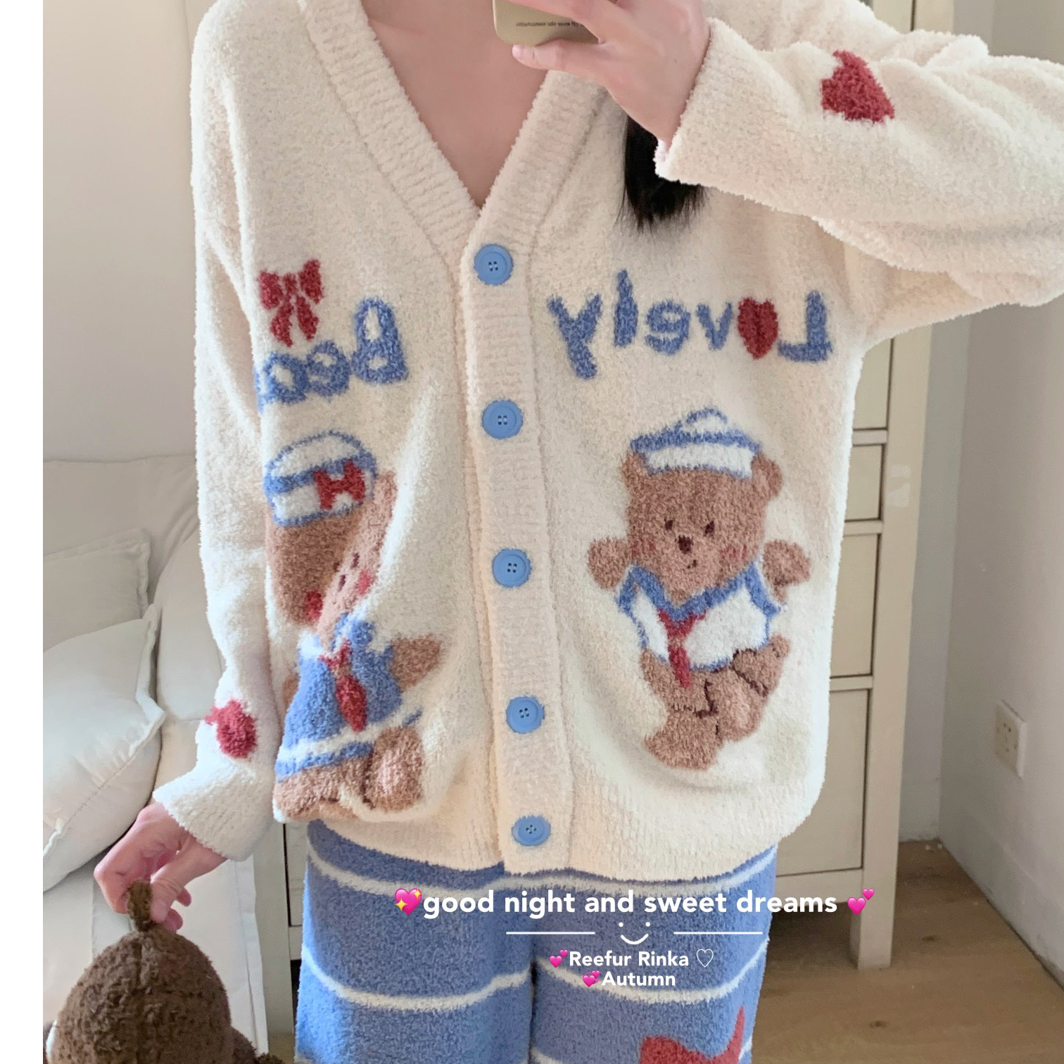 梨花家秋冬软绵绵半边绒睡衣女可爱卡通加厚保暖家居服可外穿
