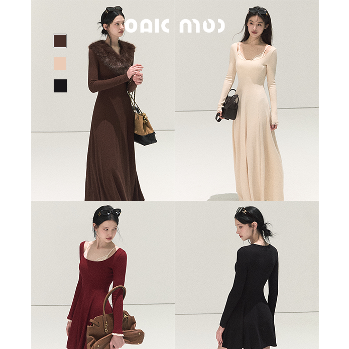 OAKMOO/"壁炉旁的玫瑰"条纹芭蕾领收腰长袖连衣裙