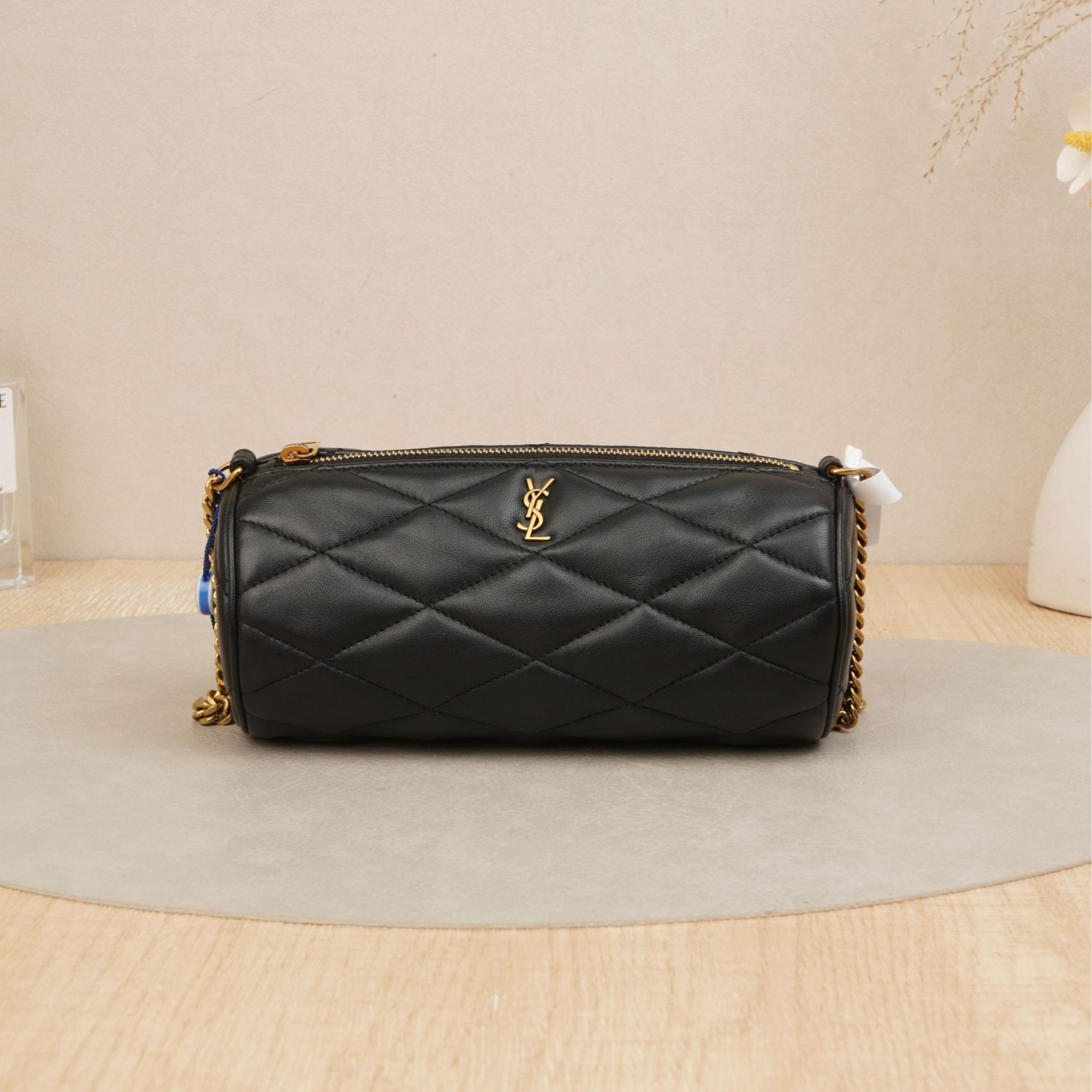 95新 YSL/圣罗兰 圣罗兰sade圆筒包mini黑金羊皮/DS047681