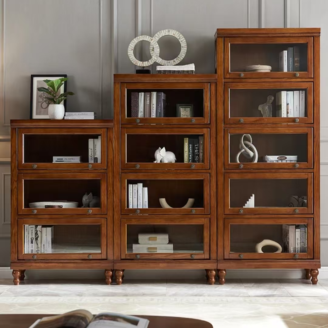 美式全实木书柜置物架玻璃门储物客厅落地书房展示柜书架LYY927