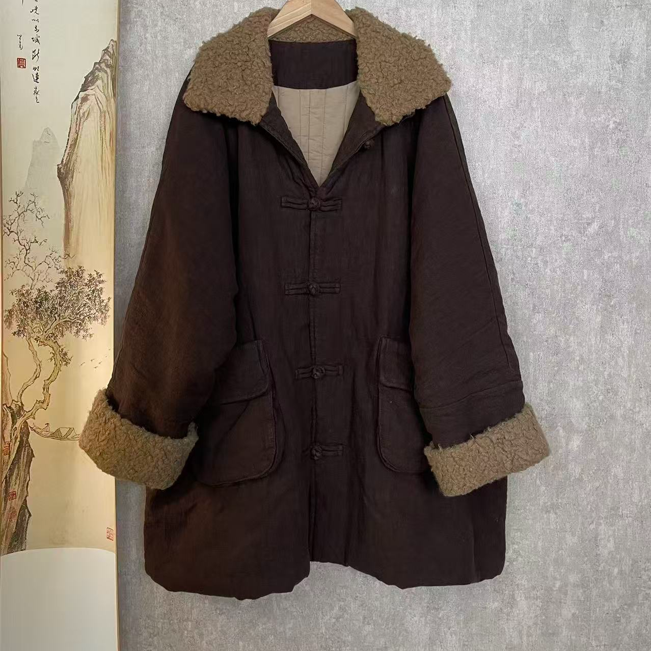 芬雅亚麻冬季拼接翻毛领复古盘扣宽松中长棉衣衣长80胸围160