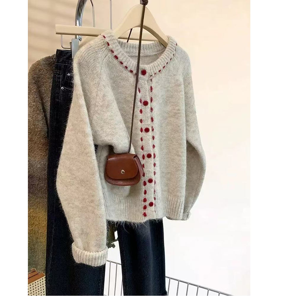 秋冬新款韩版软糯圆领长袖针织开衫外套毛衣女1009-9