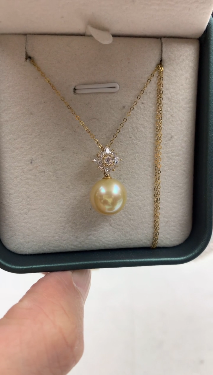 18K金镶嵌ff海水珍珠金珠吊坠(赠链）11~12mm