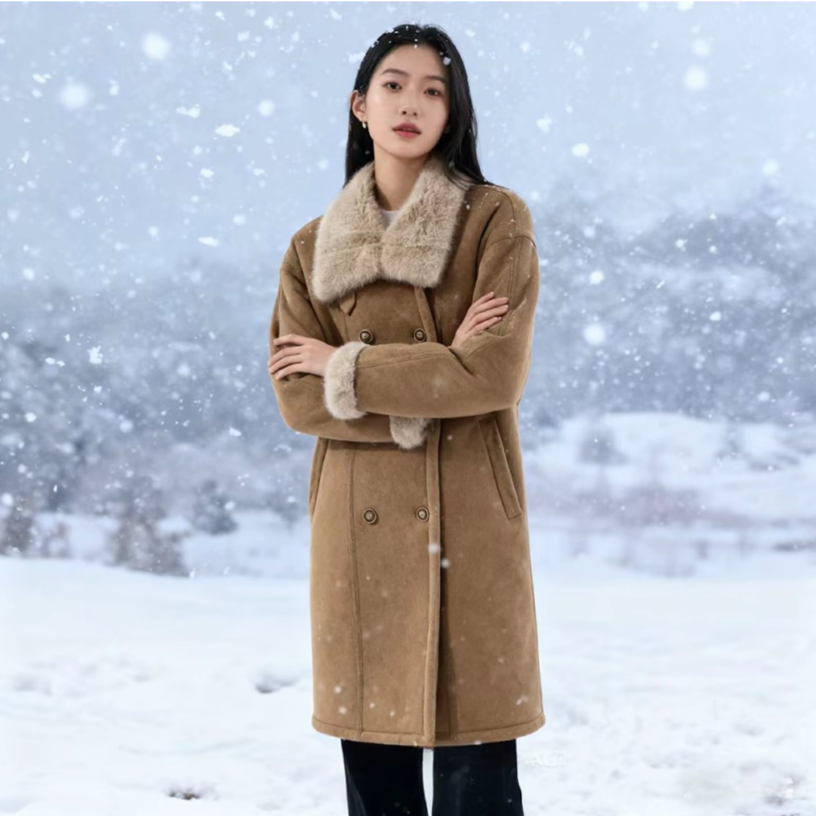 2025冬季新品皮毛一体中长款外套时尚洋气百搭双排扣翻领上衣