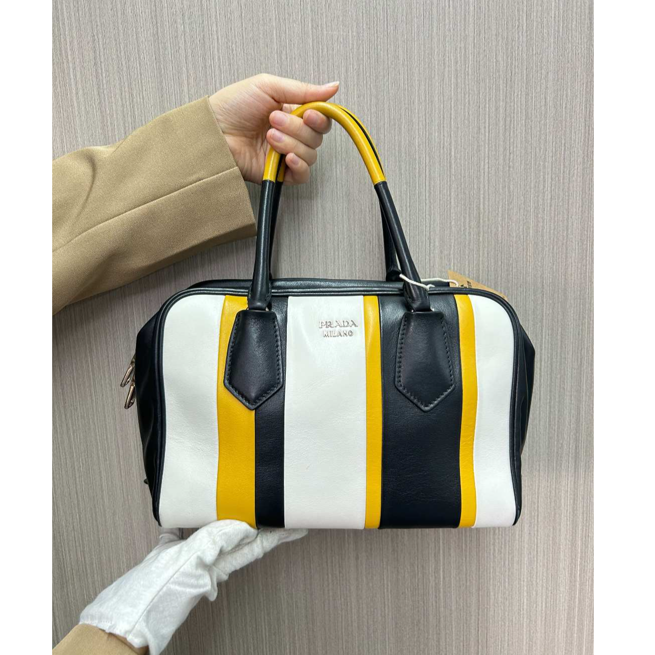 95新 Prada/普拉达 黑色拼波士顿手提包/云海优选/H07363