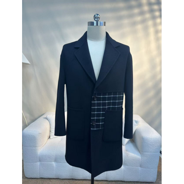 【10%羊绒+羊毛双面】新款羊绒大衣男士休闲双面呢格子中长款外套