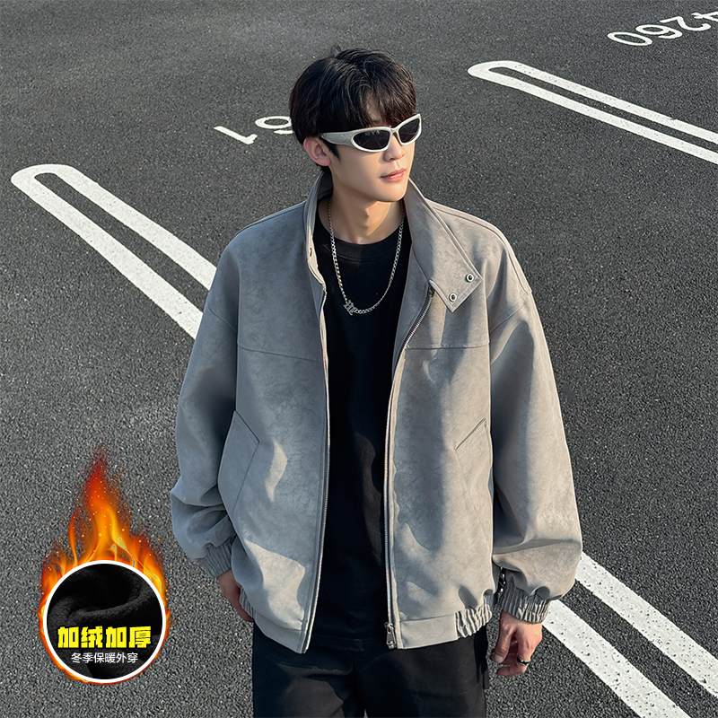 【现货秒发】秋冬扎染加绒PU皮夹克美式立领三防皮衣宽松百搭外套