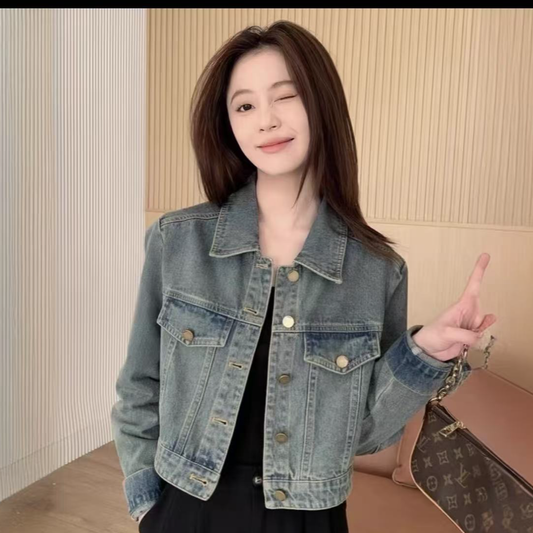 春季POLO领单排扣女短款短外套宽松上衣复古韩版蓝色A115