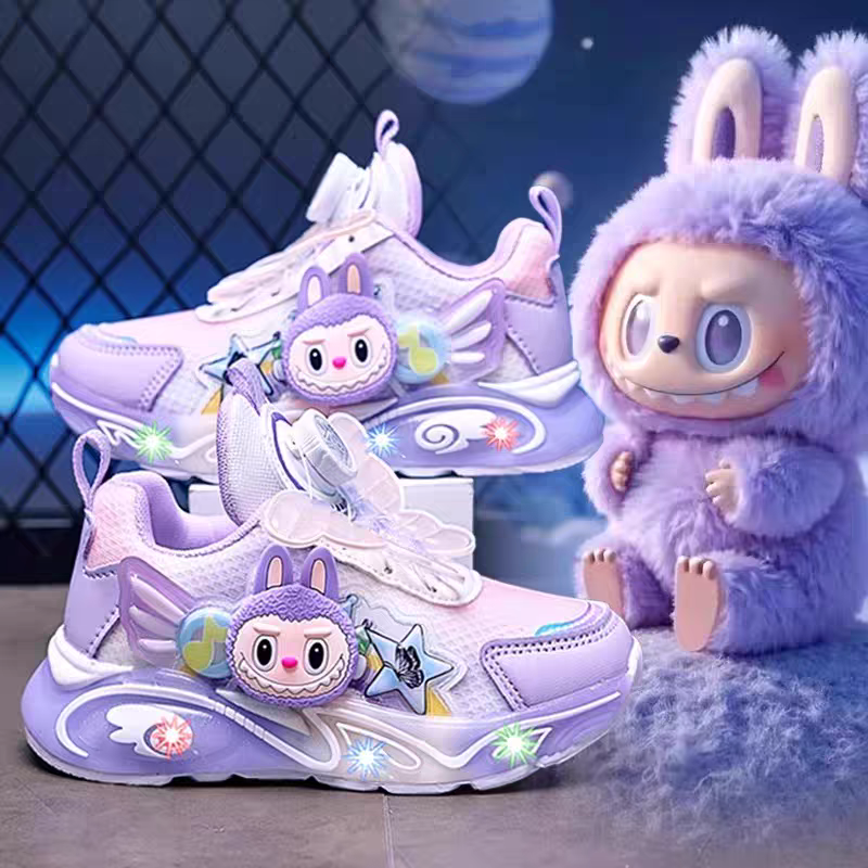 拉布布女童鞋子2025新款夏季透气儿童运动鞋纽扣发光跑步鞋