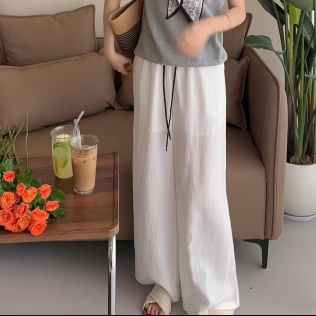 ZY服饰 夏装新品 白色抽绳麻料阔腿裤 长裤