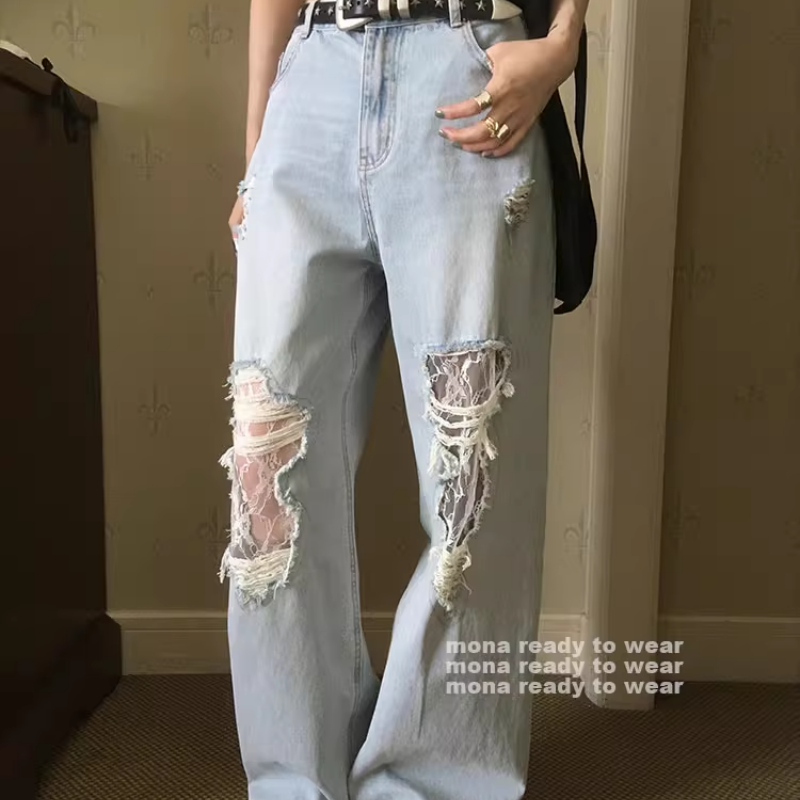 MONA 蕾丝边 潮流破洞直筒中腰牛仔裤女小个子 2025夏季新款
