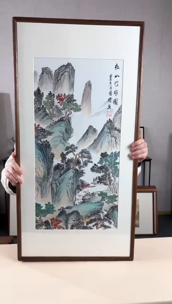 【闪购商品】国画手绘*松山行旅图*47*92cm实木框
