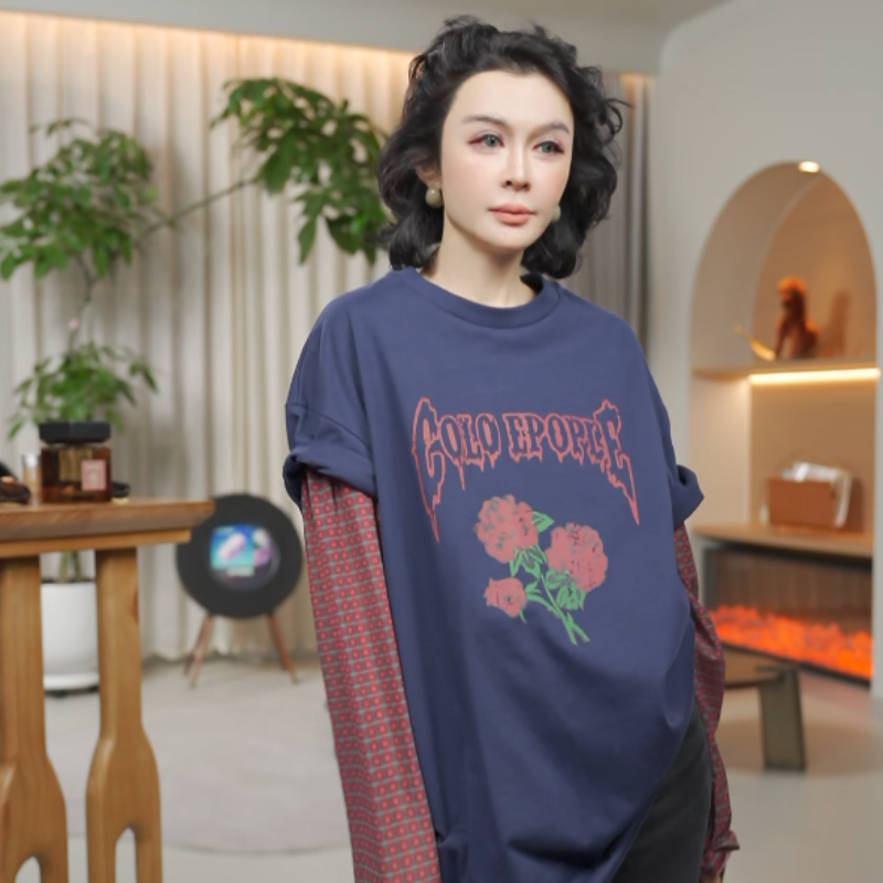 100%棉撞色拼接假两件印花长袖T恤 W-63347