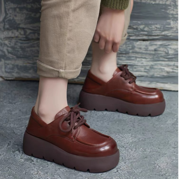 【大金优选】2025春季新款真皮手工圆头系带乐福厚底坡跟单鞋百搭