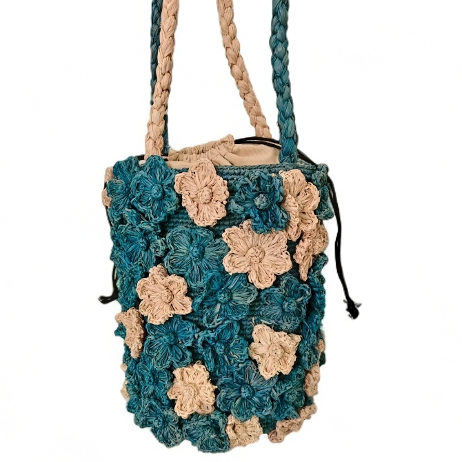 纯手工拉菲草时尚文艺绣花百搭抽绳单肩