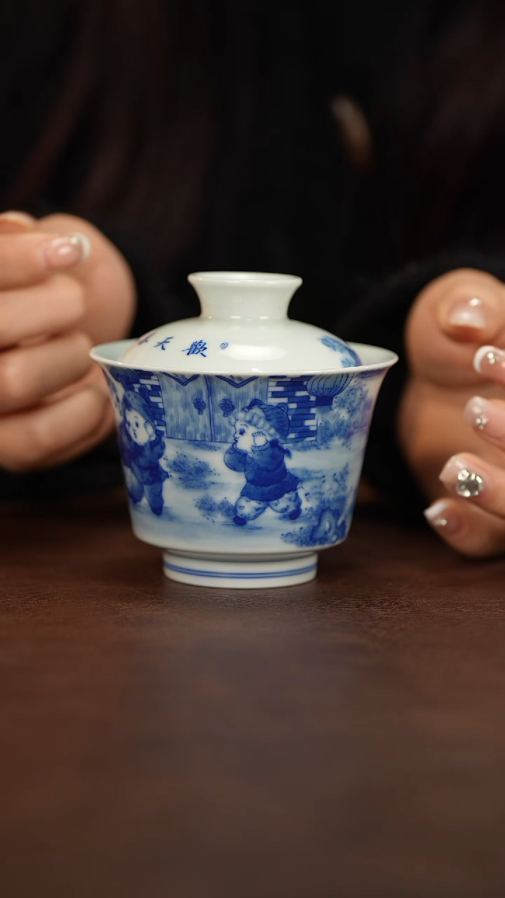 【闪购商品】晓剑窑青花童子马蹄盖碗