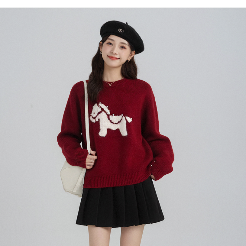 奢姿2025冬季新款大码女装圆领立体小马刺绣针织毛衣可爱显瘦上衣