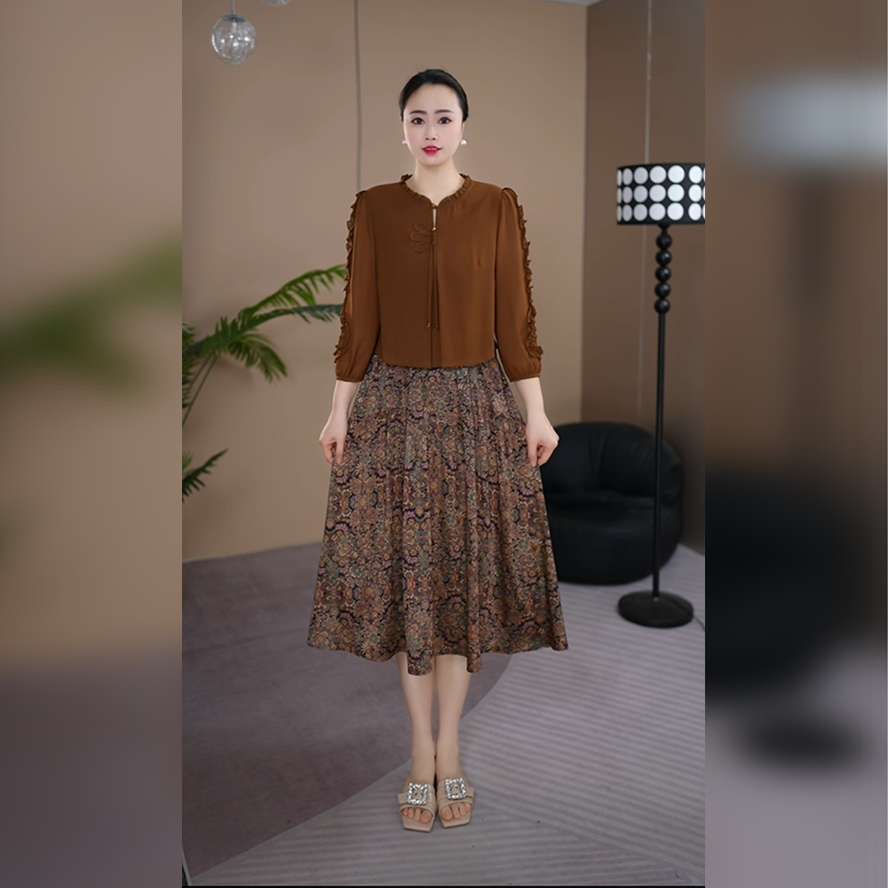 2025秋季新款时尚高档气质连衣裙女洋气显瘦妈妈中长款假两件裙子
