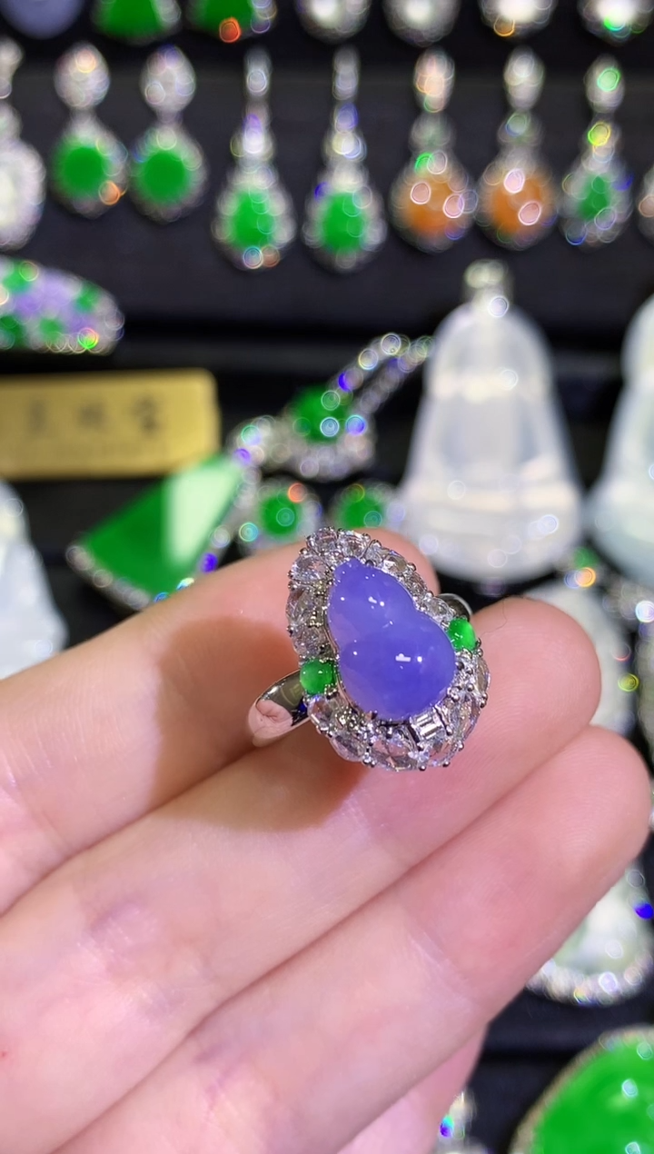 【闪购商品】翡翠戒指18K金镶嵌高冰紫罗兰葫芦戒指不封底