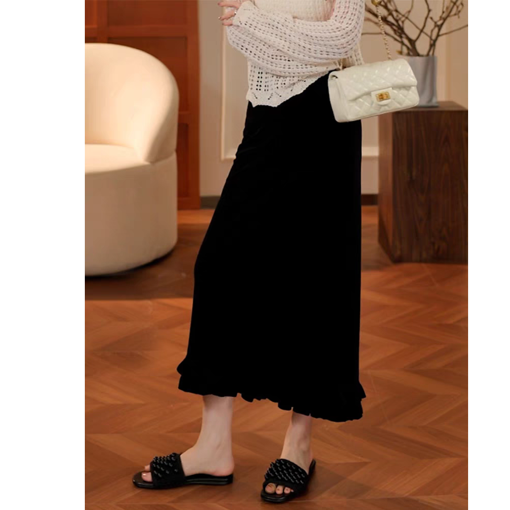 2025秋季木耳花边小巧思设计开叉高腰半身裙丝绒裙气质修身直筒裙