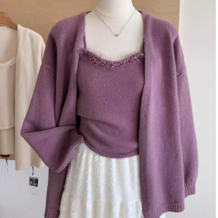 韩版慵懒风时尚气质花边领吊带背心开衫百搭针织衫毛衣外套两件套