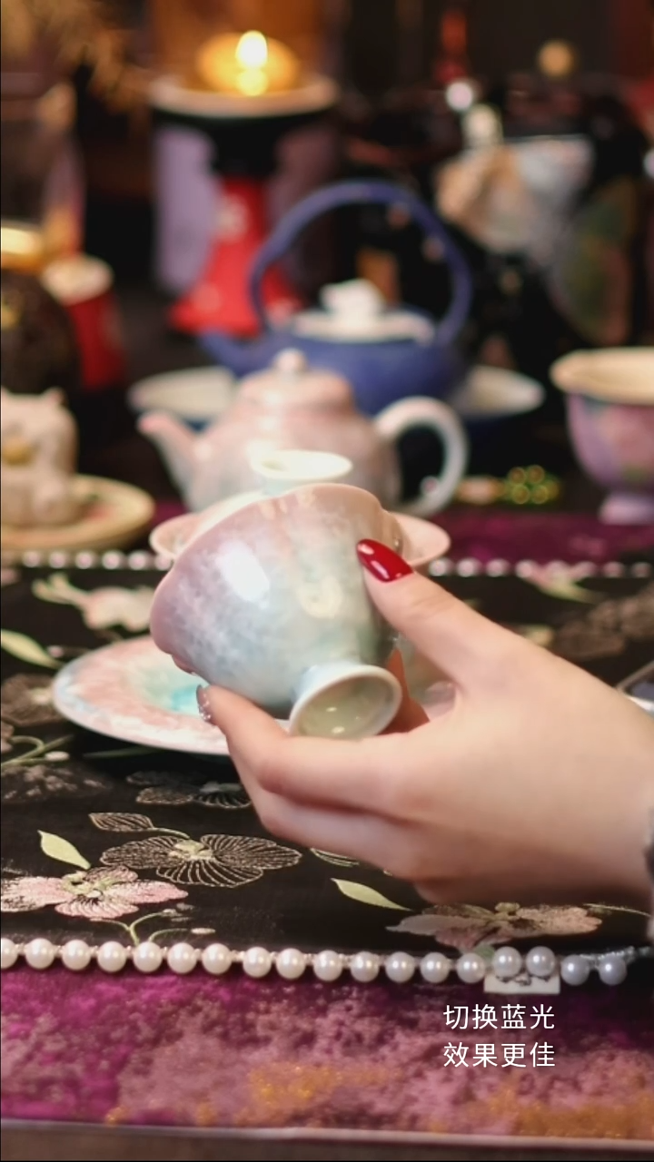 景德镇结晶釉粉青高足花口杯