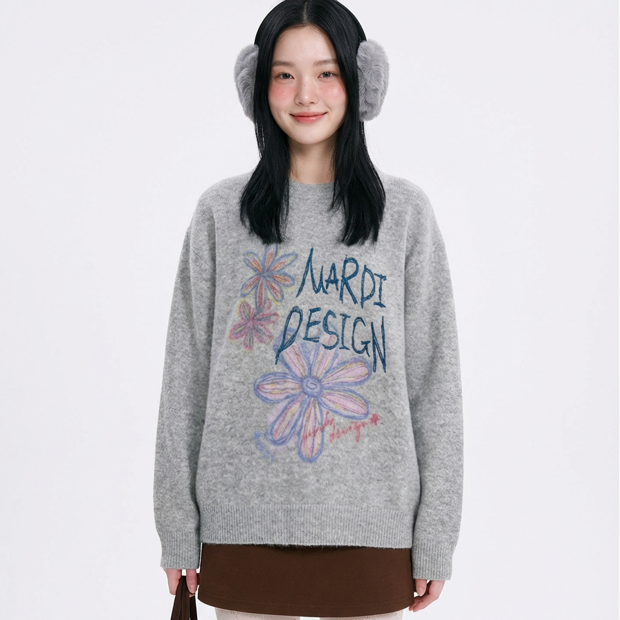 MARDI/玛尔帝时尚刺绣字母圆领毛衣宽松百搭明星同款情侣毛衣上衣