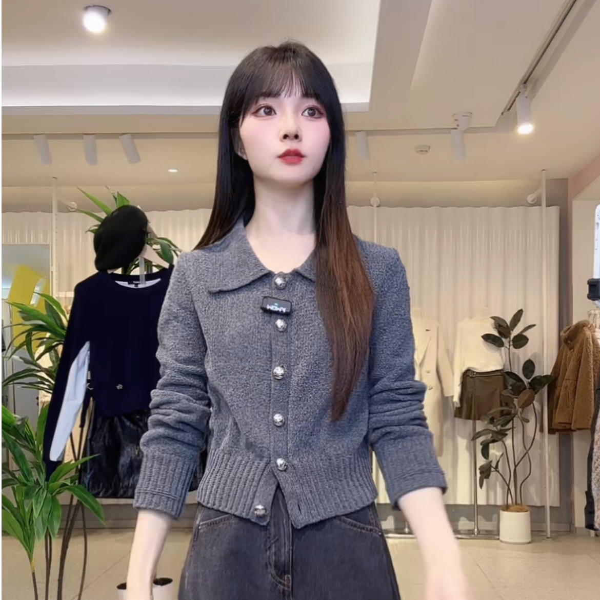 2026春季新款百搭翻领正肩开衫短款毛衣针织衫女|12613B002