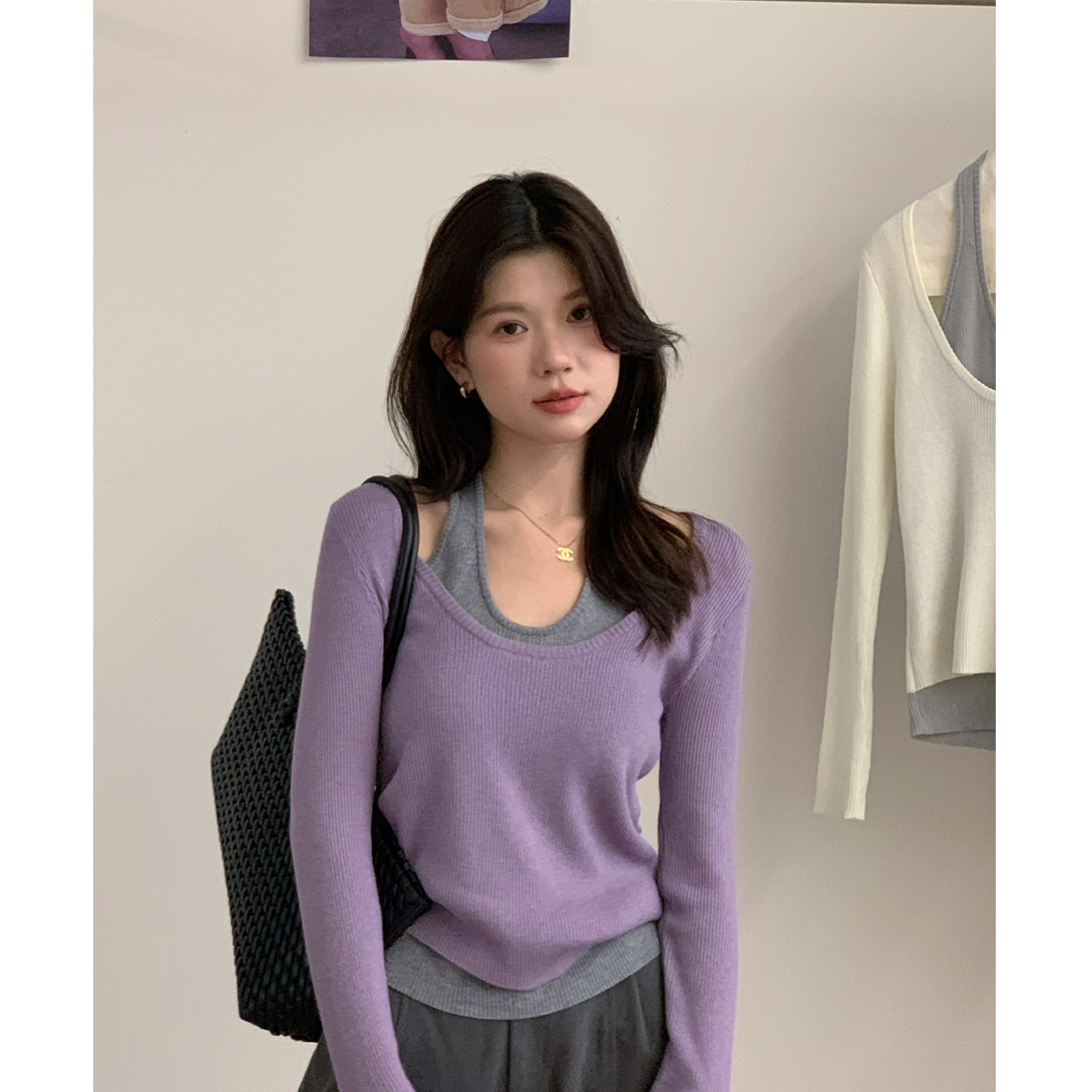 韩版简约假两件拼接挂脖针织衫女2026新款显瘦别致百搭上衣G9-48