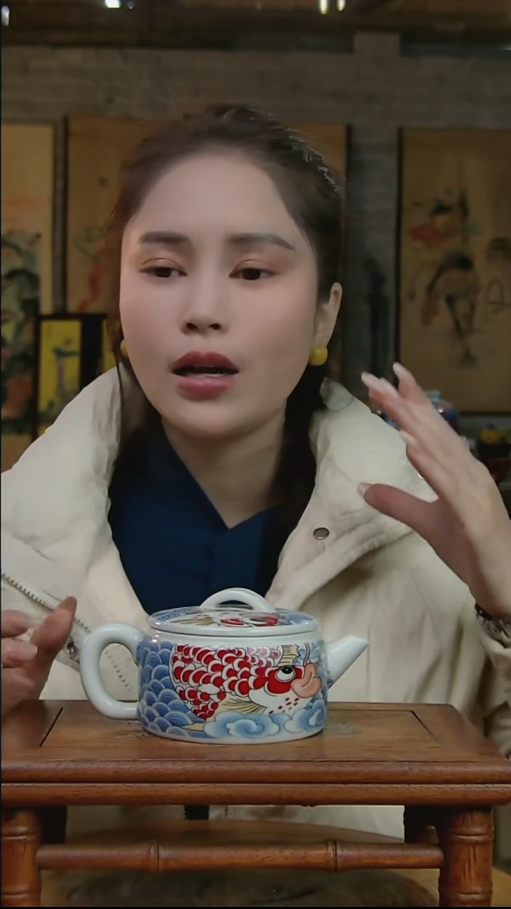 摆件陶景德镇陶瓷摆件金鱼壶