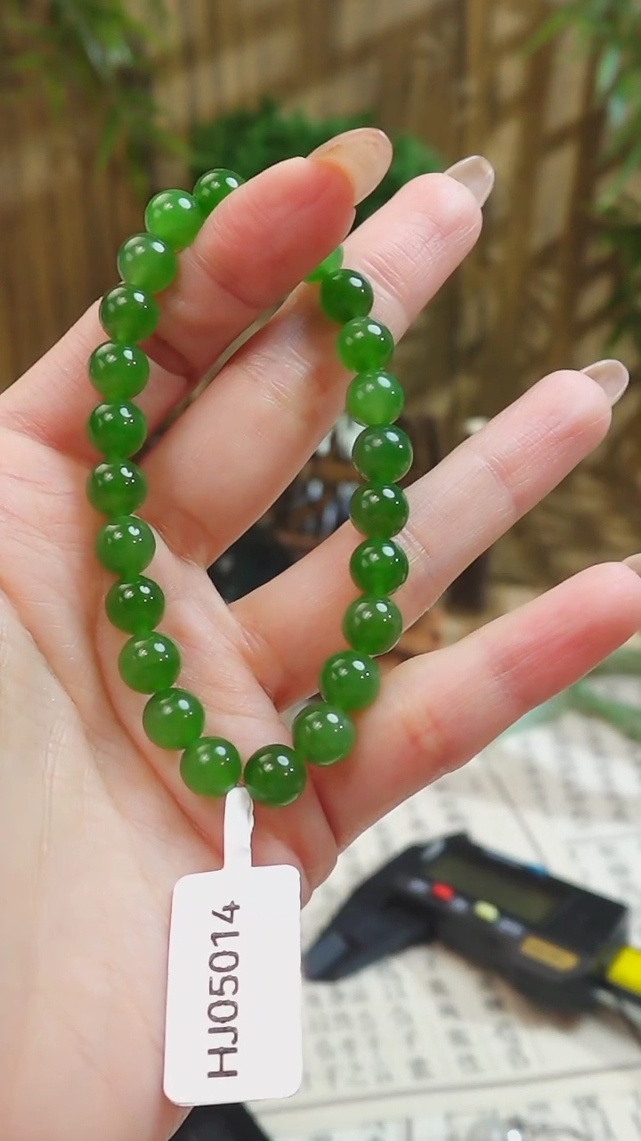 【闪购商品】和田玉手串未镶嵌HJ05014俄料碧玉辣阳绿色卡8mm