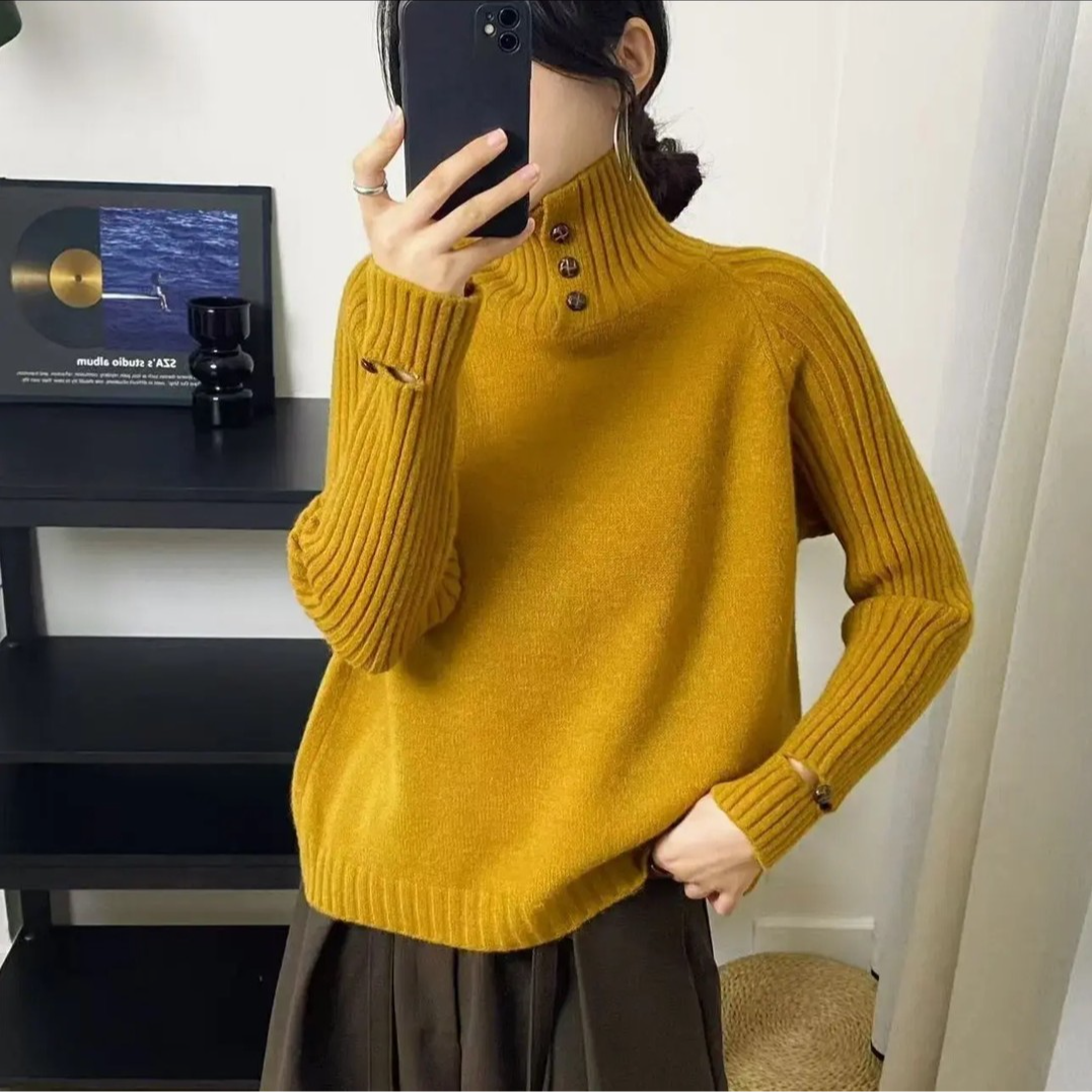 3441【三粒扣】秋冬新款宽松高领长袖针织衫女洋气时髦高级感毛衣