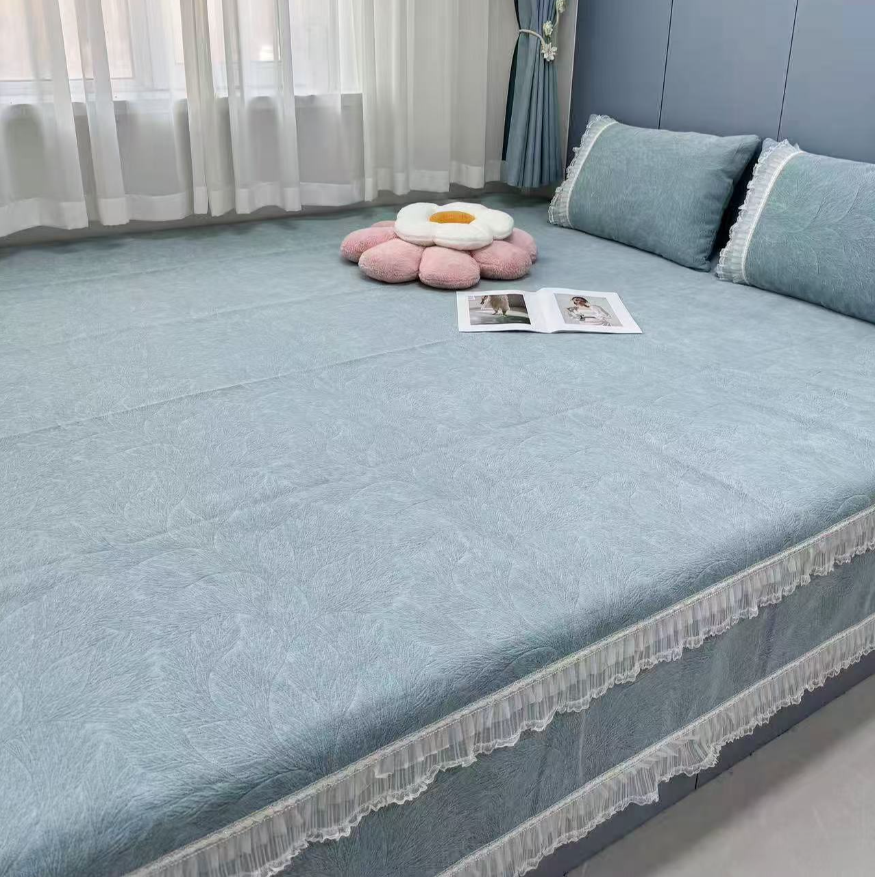 小香风树叶款防滑四季通用榻榻米炕盖大尺寸床单不跑不滑可定制