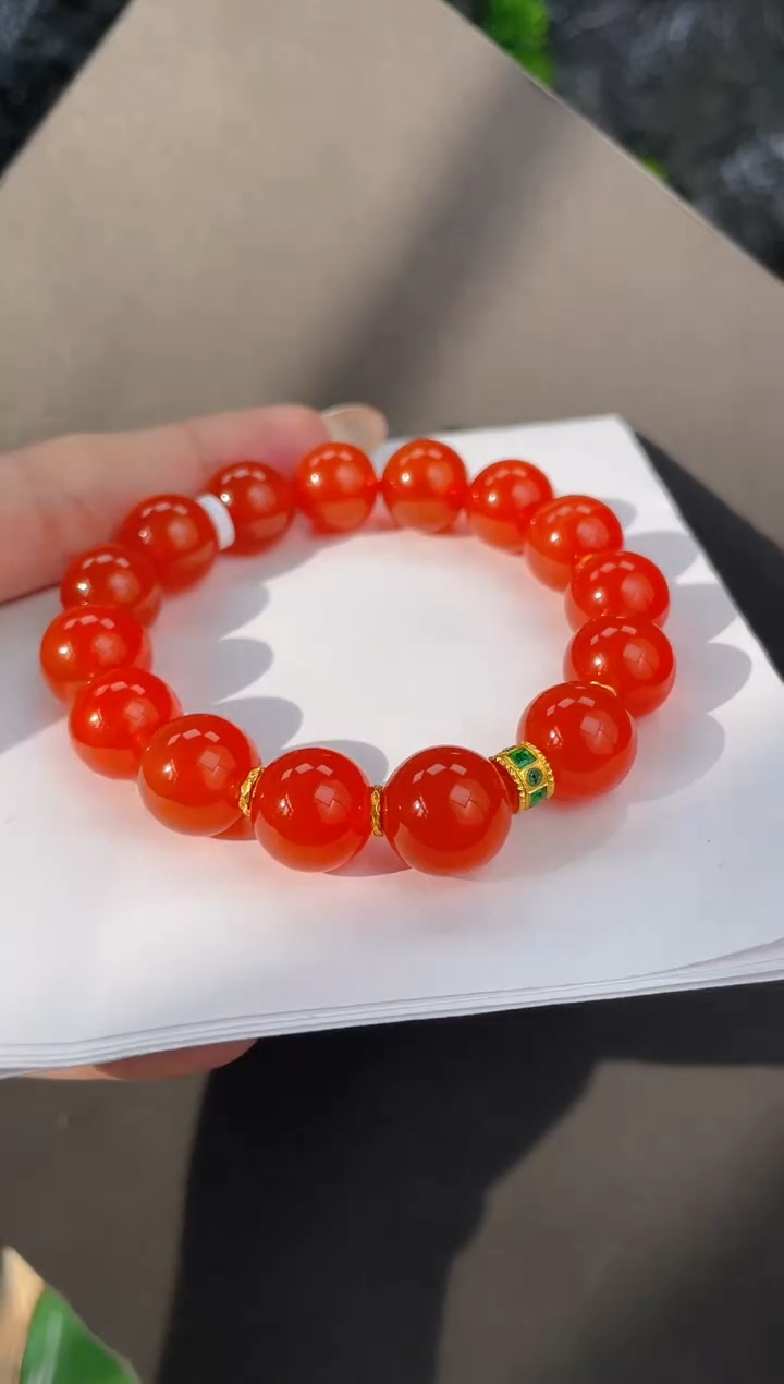 【闪购商品】南红玛瑙手串18K金镶嵌收藏级冰红手串12mm