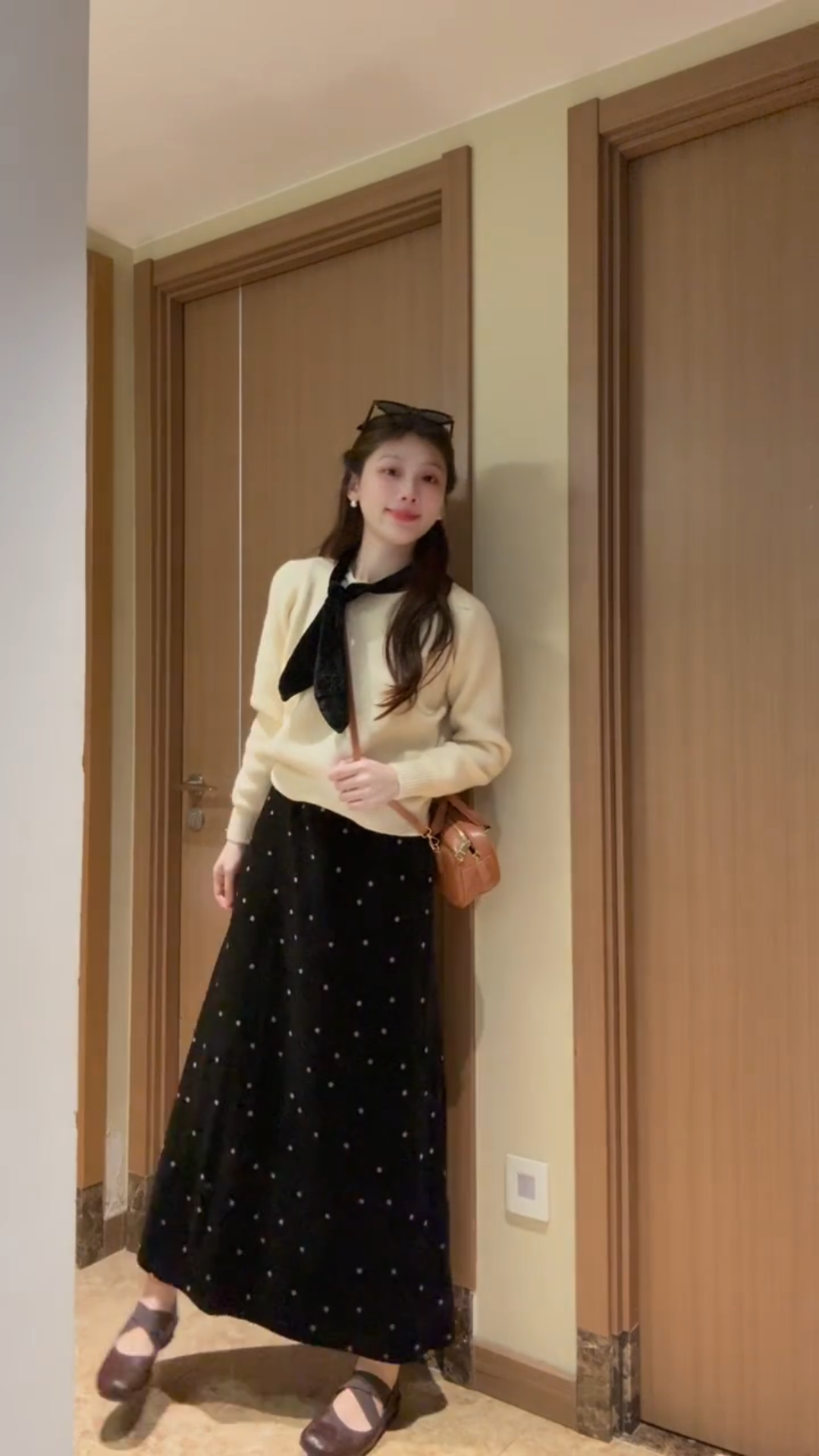 2025新款女秋冬韩系千金温柔穿搭丝绒拼接毛衣波点半身裙子两件套