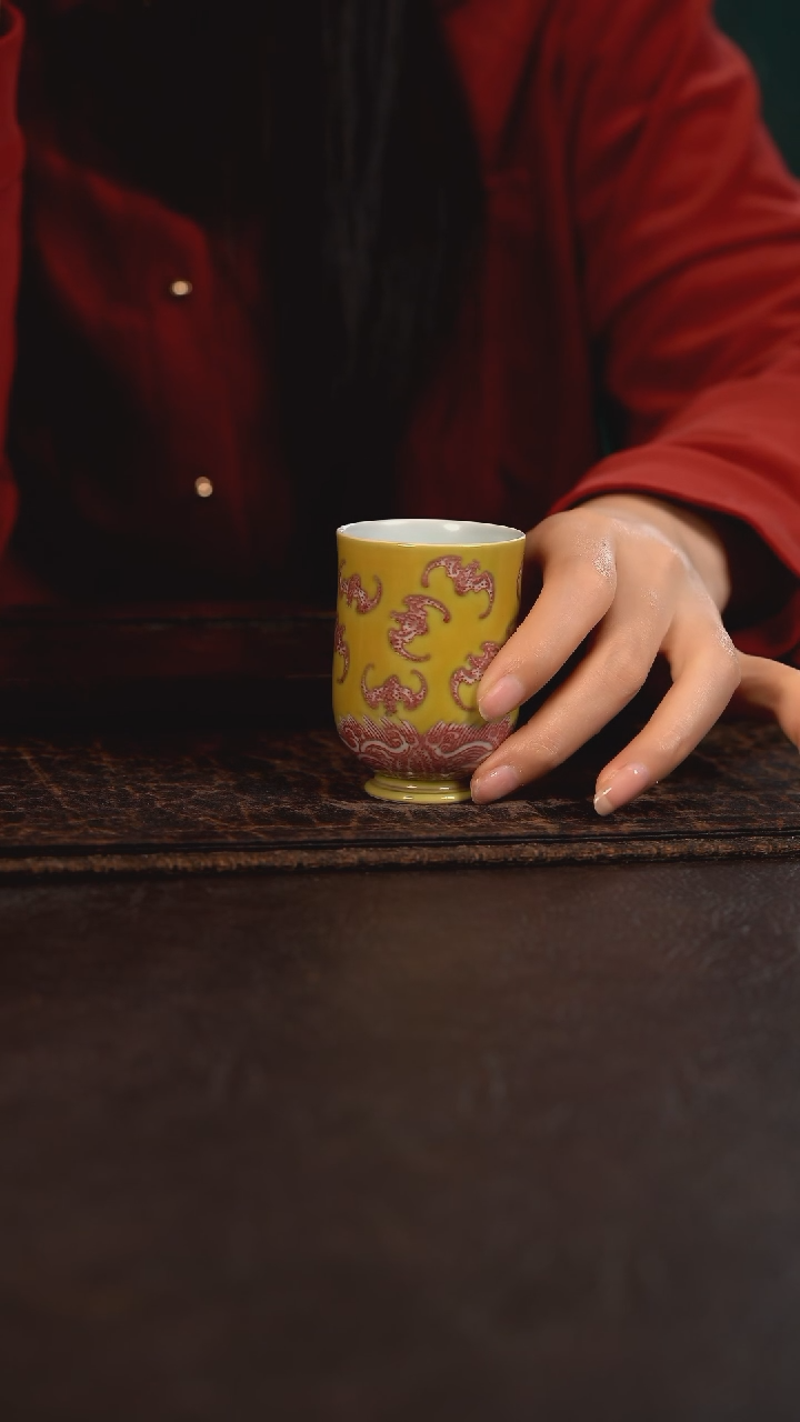 【闪购商品】杯贵红窑黄油釉里红百福玉兰杯