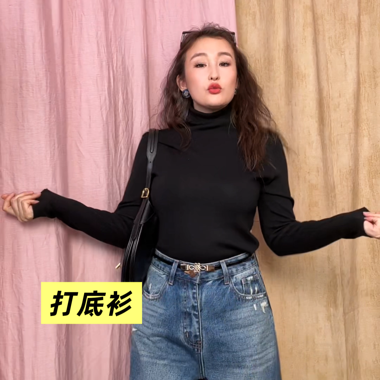 「paobi原创服饰」女士大妈百搭长袖针织加绒半高领修身打底衫秋季