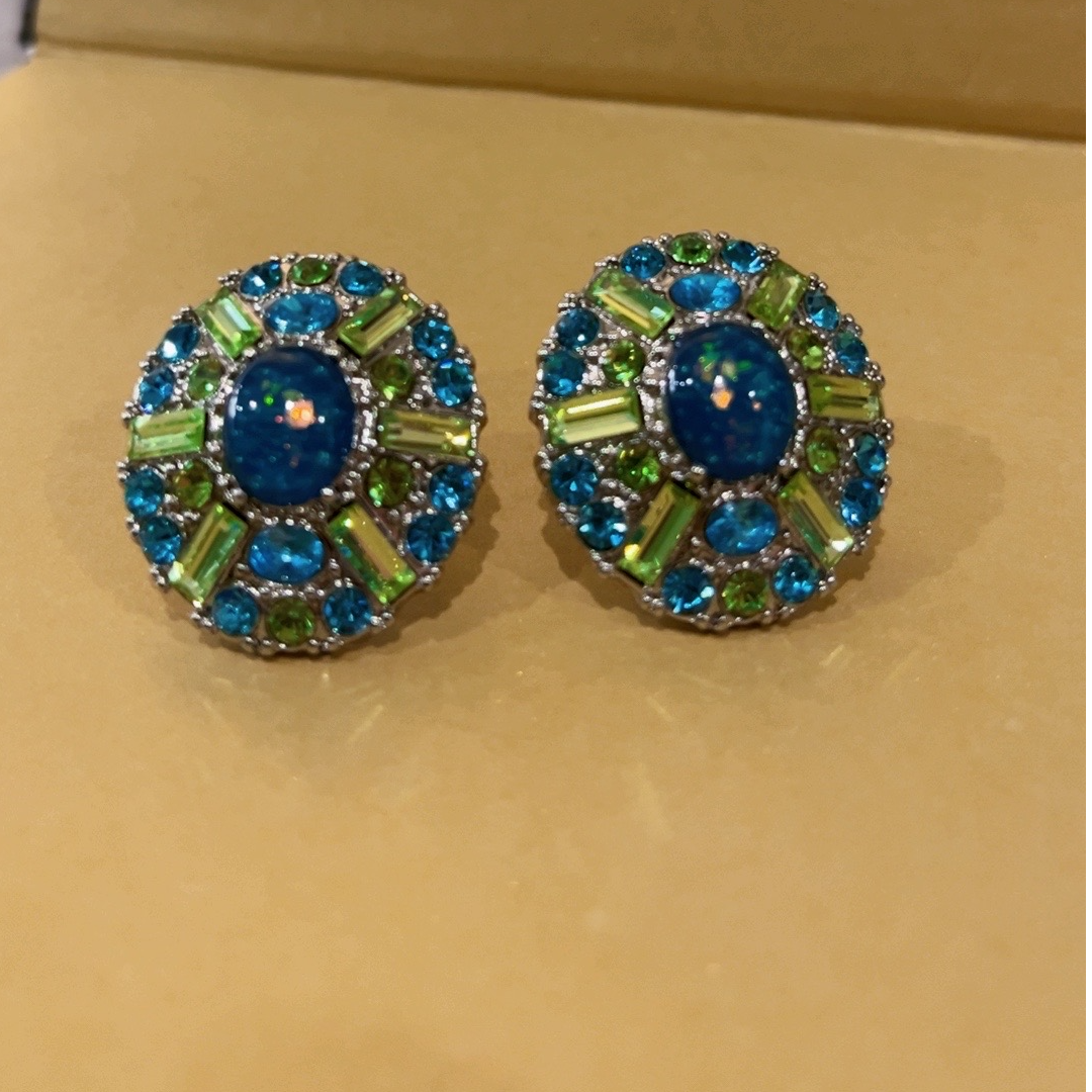 铜合金树脂耳饰 【欧洲故事】--法式镶钻复古耳钉绿色蓝色气质轻奢